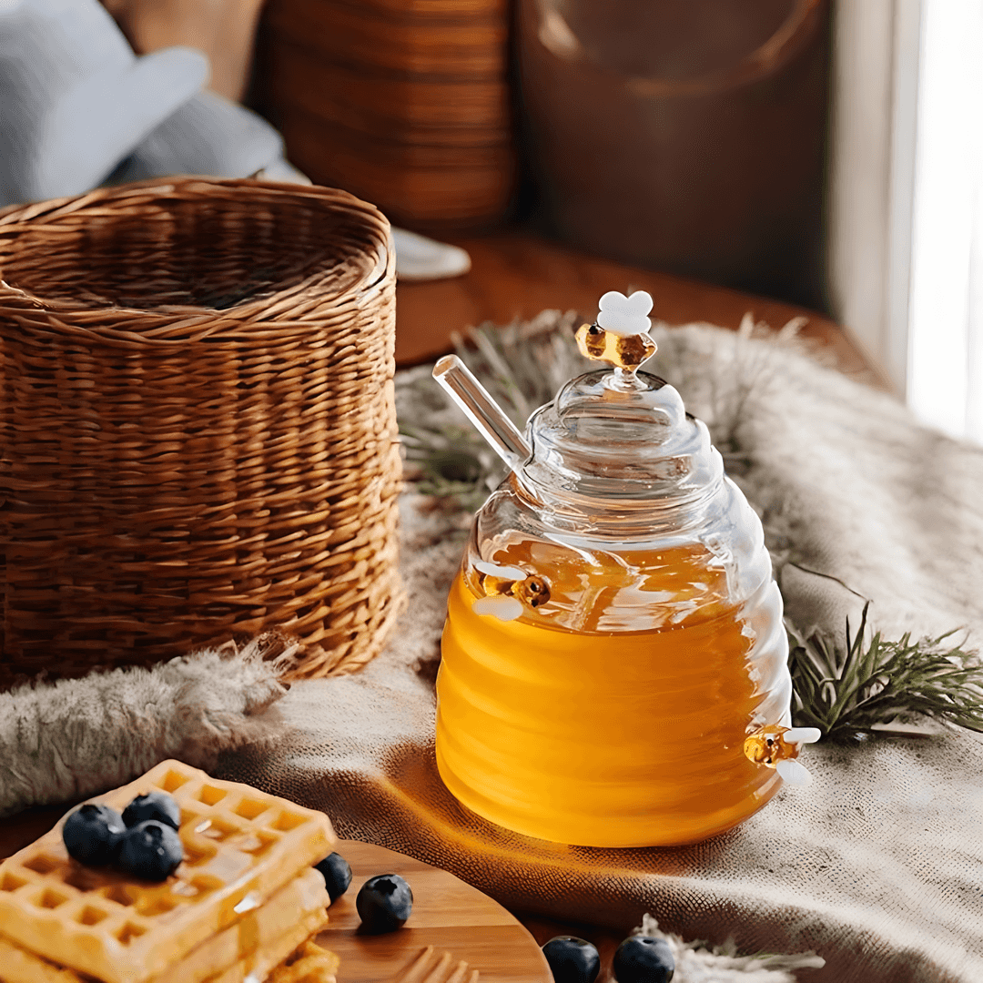 AmberHive Elegant Glass Honey Jar with Artistic Beehive Charm - All Around Casa