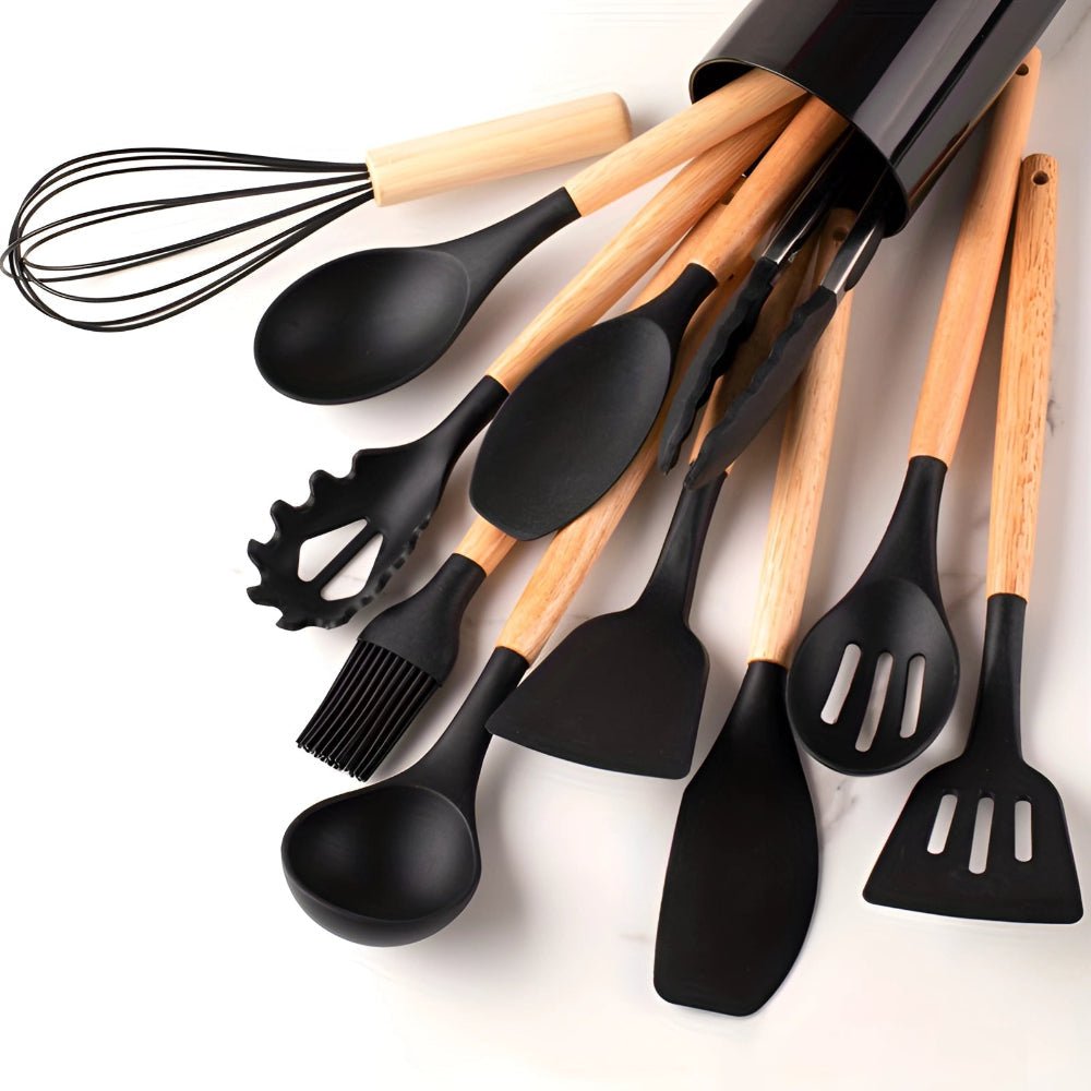 BambooVerve Elegant Silicone Kitchen Utensil Set – 12 - Piece Collection for Stylish, Scratch - Safe Cooking - All Around Casa