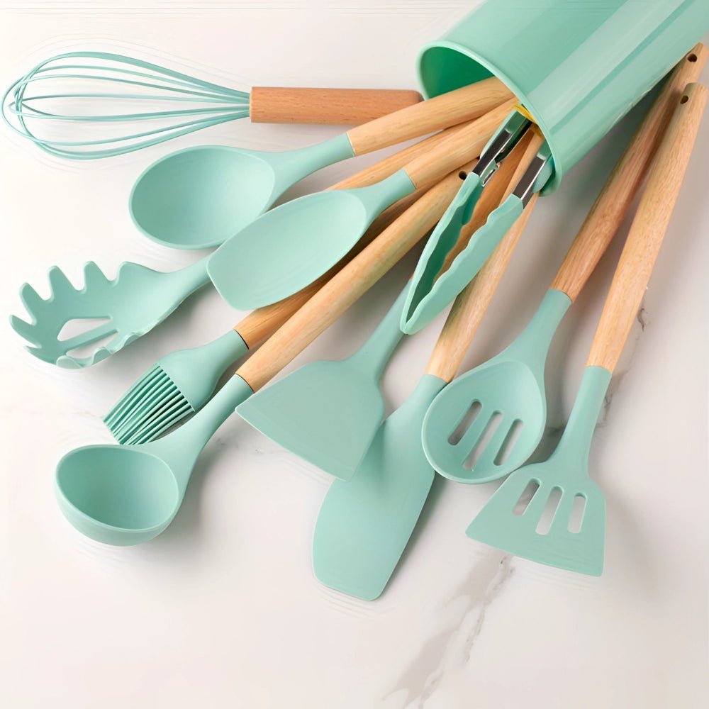 BambooVerve Elegant Silicone Kitchen Utensil Set – 12 - Piece Collection for Stylish, Scratch - Safe Cooking - All Around Casa