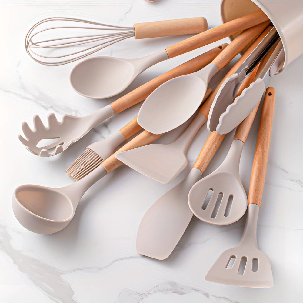BambooVerve Elegant Silicone Kitchen Utensil Set – 12 - Piece Collection for Stylish, Scratch - Safe Cooking - All Around Casa