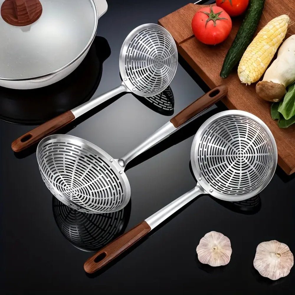 CulinaCraft Steel & Wood Strainer Ladle – Refined Precision for Frying and Noodle Dishes - All Around Casa
