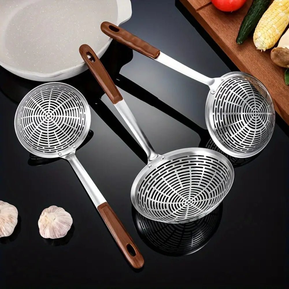 CulinaCraft Steel & Wood Strainer Ladle – Refined Precision for Frying and Noodle Dishes - All Around Casa