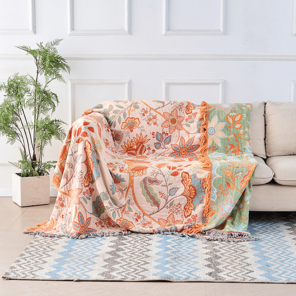 FloraHaven Luxe Boho Cotton Throw Blanket – Elegant Floral Accent for Stylish Living Spaces - All Around Casa