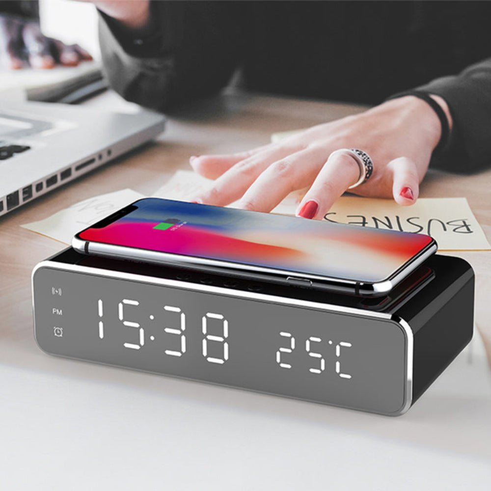 LumiCharge Elegant LED Alarm Clock with Wireless Charging Pad for a Modern Nightstand - All Around Casa