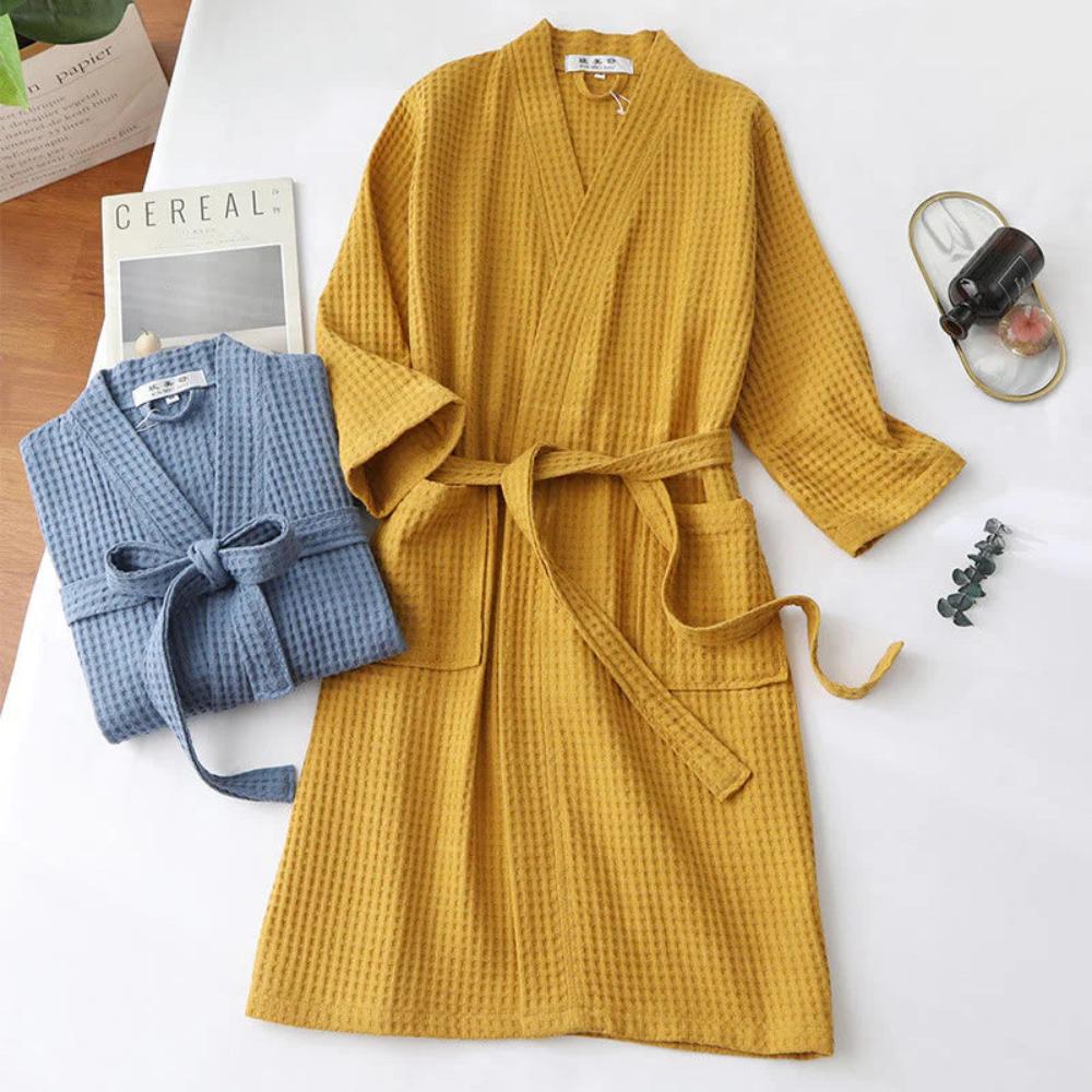 LumiWeave – Elegant Cotton Waffle Robe with Refined V - Neck for Relaxed Evenings - All Around Casa