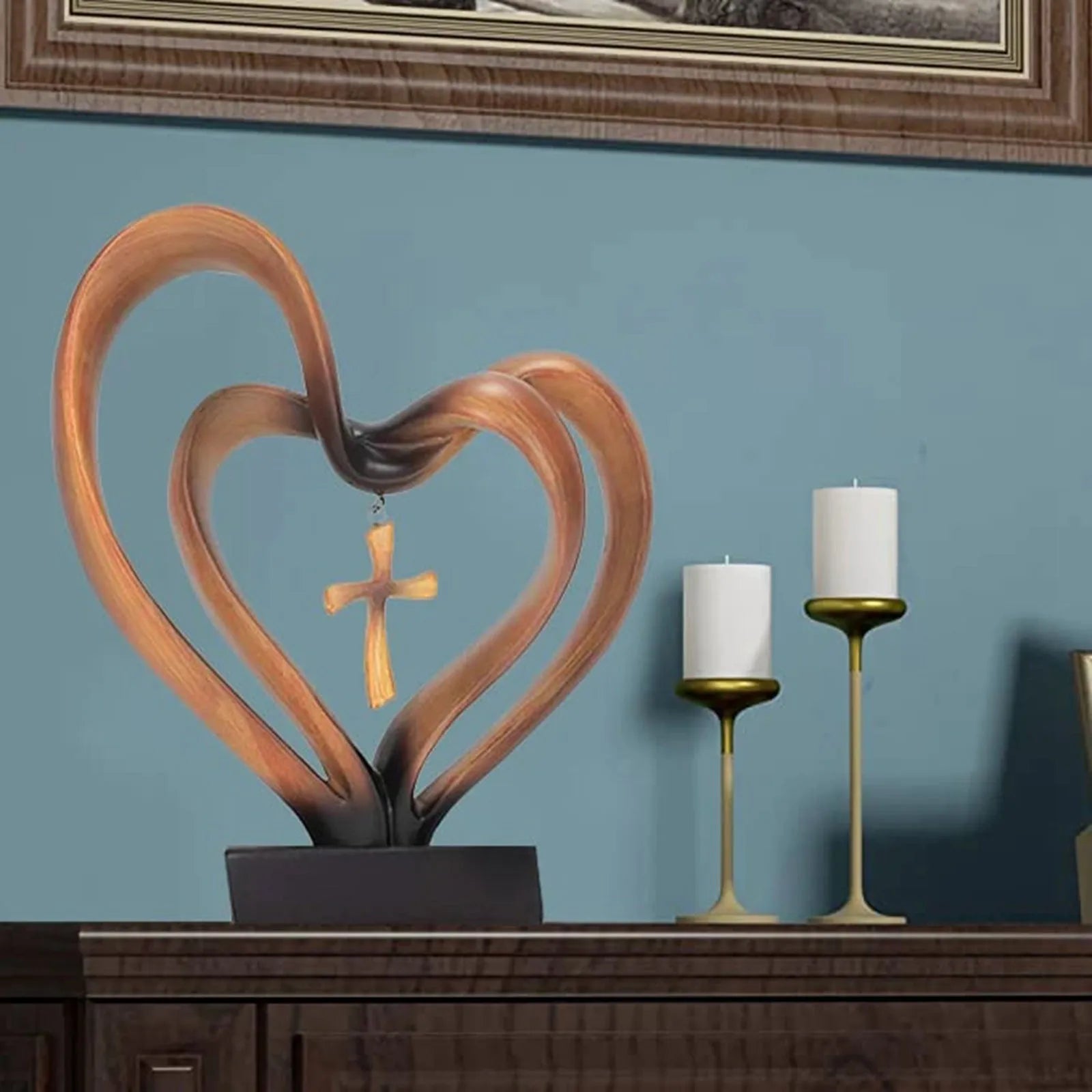 Sacred Harmony – Elegant Heart & Cross Tabletop Accent for Timeless Love - All Around Casa
