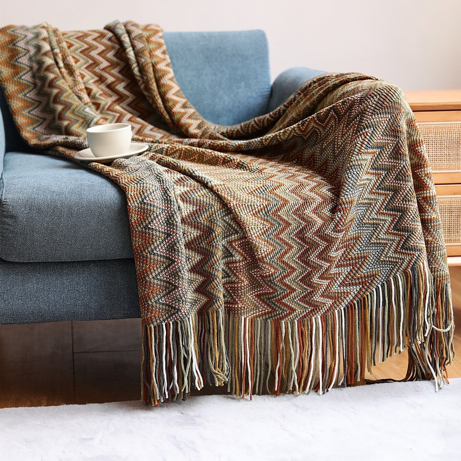 Zahara Luxe Chevron Throw Blanket – Bohemian Charm with Earthy Warmth - All Around Casa