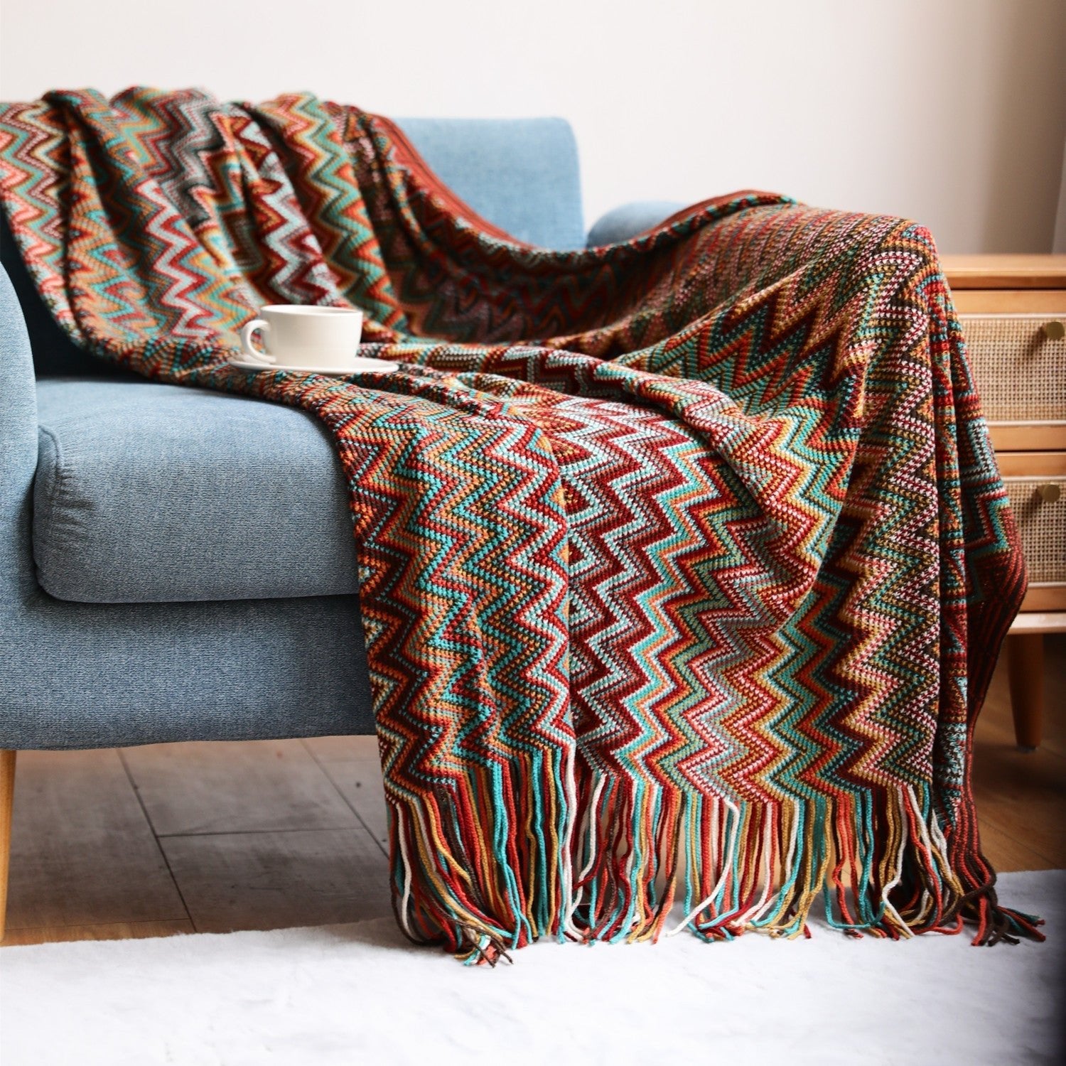 Zahara Luxe Chevron Throw Blanket – Bohemian Charm with Earthy Warmth - All Around Casa