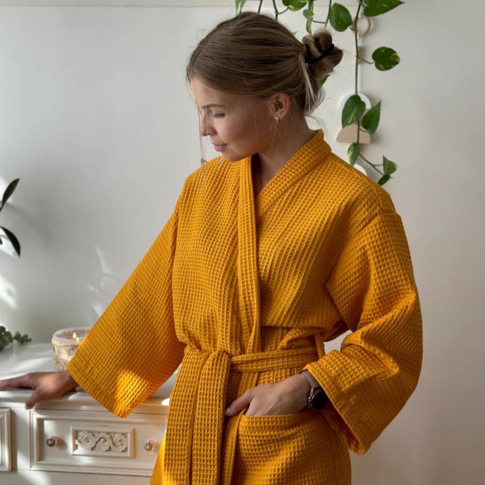 All Around Casa – Elegant Cotton Waffle Robe with Refined V - Neck for Relaxed Evenings - All Around Casa