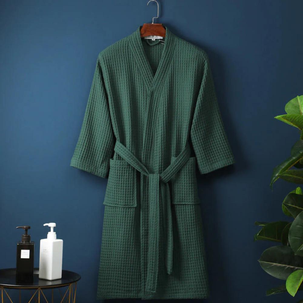 All Around Casa – Elegant Cotton Waffle Robe with Refined V - Neck for Relaxed Evenings - All Around Casa