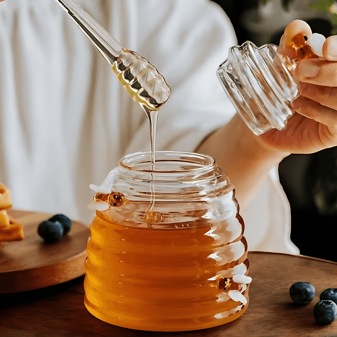 AmberHive Elegant Glass Honey Jar with Artistic Beehive Charm - All Around Casa