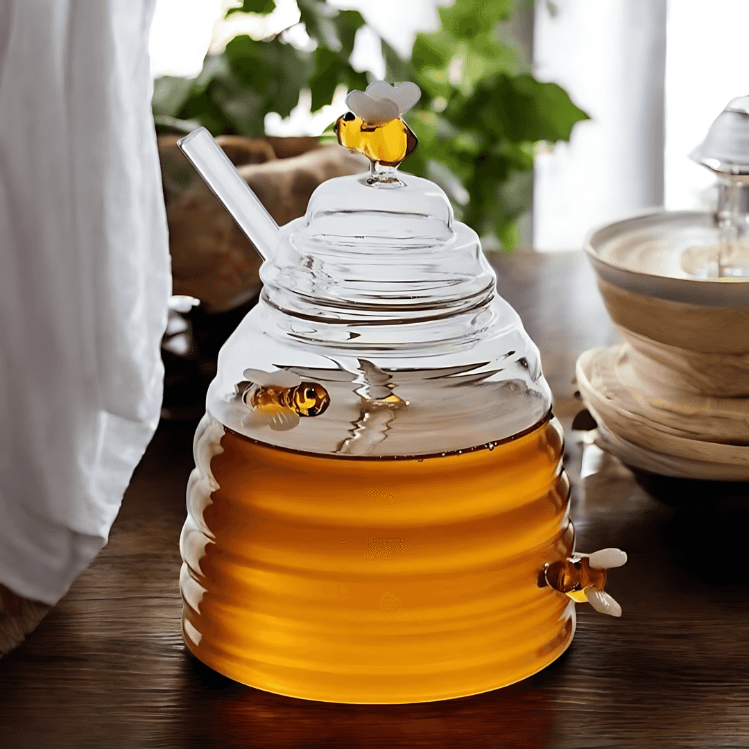 AmberHive Elegant Glass Honey Jar with Artistic Beehive Charm - All Around Casa