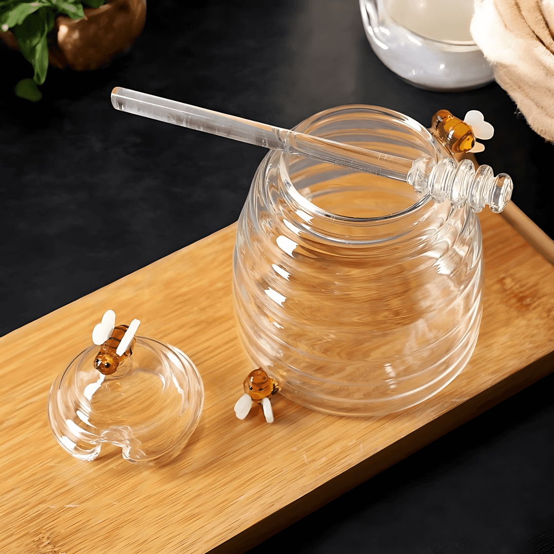 AmberHive Elegant Glass Honey Jar with Artistic Beehive Charm - All Around Casa