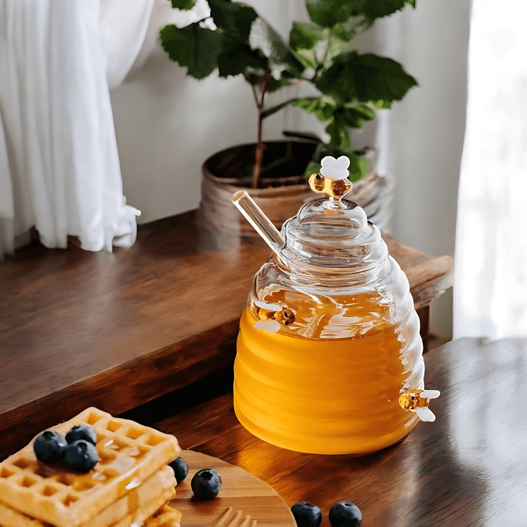AmberHive Elegant Glass Honey Jar with Artistic Beehive Charm - All Around Casa