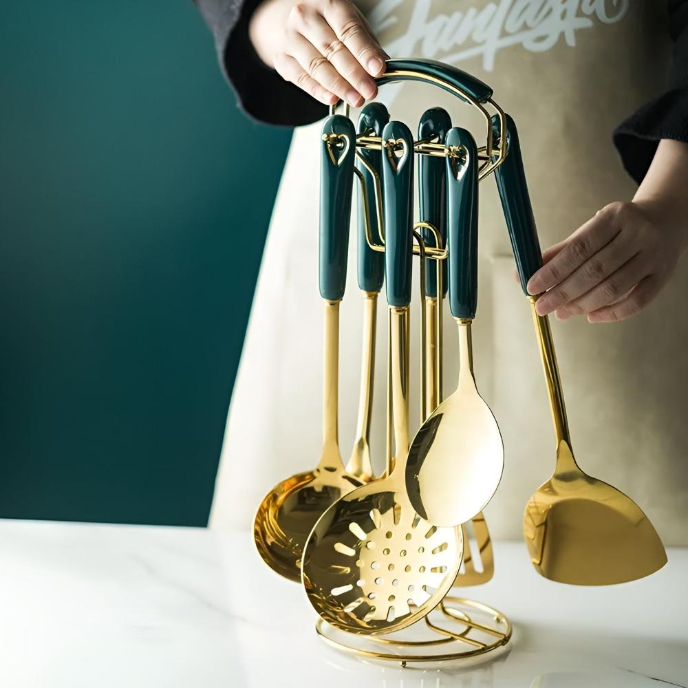 Aurelia Luxe Stainless Steel Utensil Set – Elegant Golden Finish for Modern Kitchens - All Around Casa