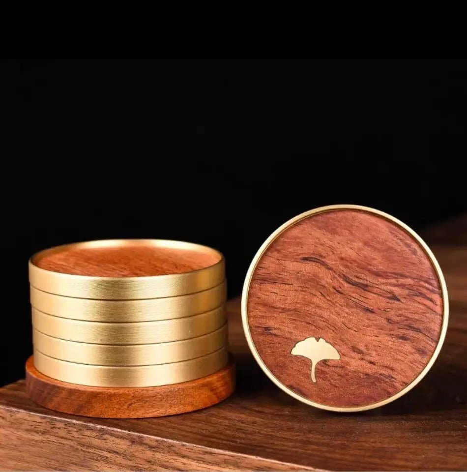 Aurelia Luxe Wooden Coaster Set with Golden Detail for Elegant Living - All Around Casa