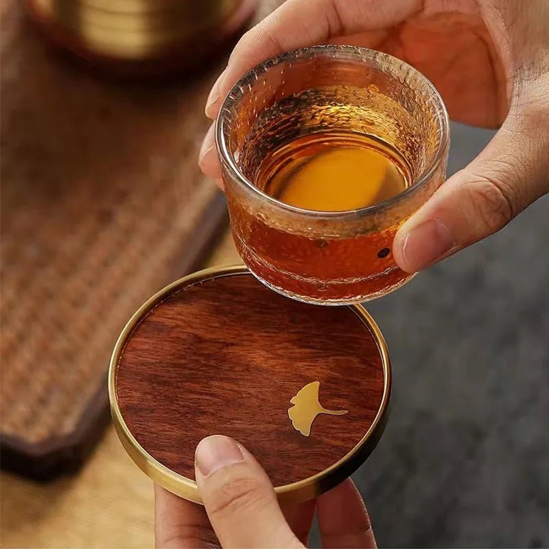 Aurelia Luxe Wooden Coaster Set with Golden Detail for Elegant Living - All Around Casa