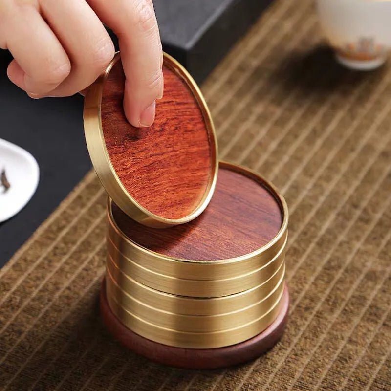 Aurelia Luxe Wooden Coaster Set with Golden Detail for Elegant Living - All Around Casa