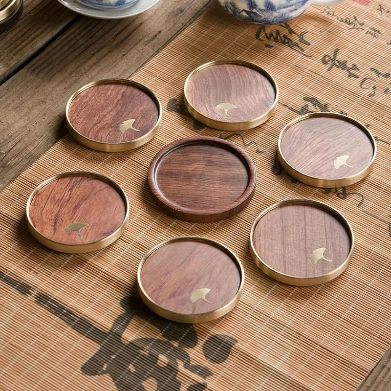 Aurelia Luxe Wooden Coaster Set with Golden Detail for Elegant Living - All Around Casa