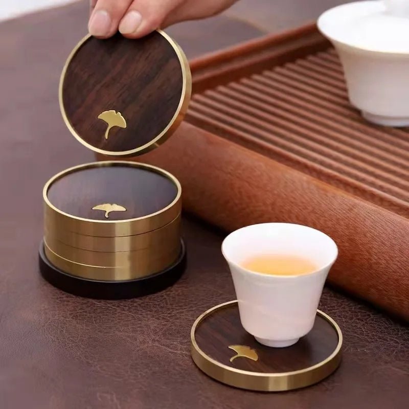 Aurelia Luxe Wooden Coaster Set with Golden Detail for Elegant Living - All Around Casa