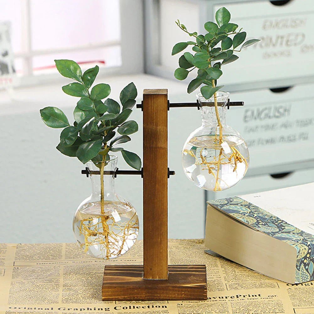 AuroraNest Elegant Glass Vase on Wooden Stand for Modern Natural Décor - All Around Casa