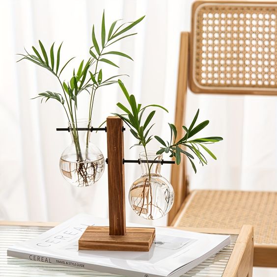 AuroraNest Elegant Glass Vase on Wooden Stand for Modern Natural Décor - All Around Casa