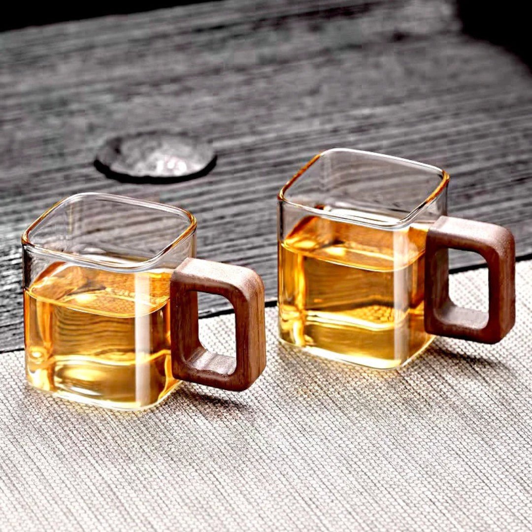 AurumSquare Elegant Glass Mug with Walnut Handle for Modern Tea & Coffee Moments - All Around Casa