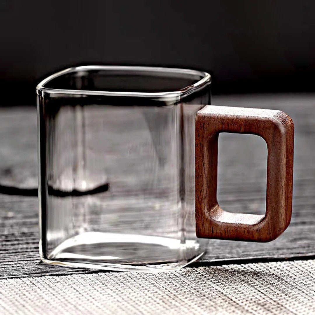 AurumSquare Elegant Glass Mug with Walnut Handle for Modern Tea & Coffee Moments - All Around Casa