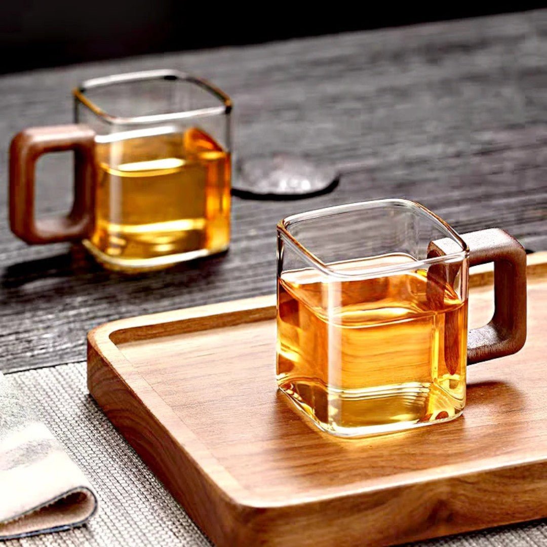 AurumSquare Elegant Glass Mug with Walnut Handle for Modern Tea & Coffee Moments - All Around Casa