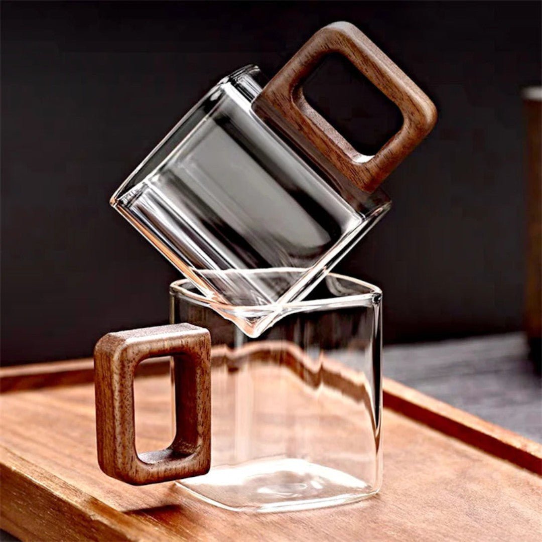AurumSquare Elegant Glass Mug with Walnut Handle for Modern Tea & Coffee Moments - All Around Casa