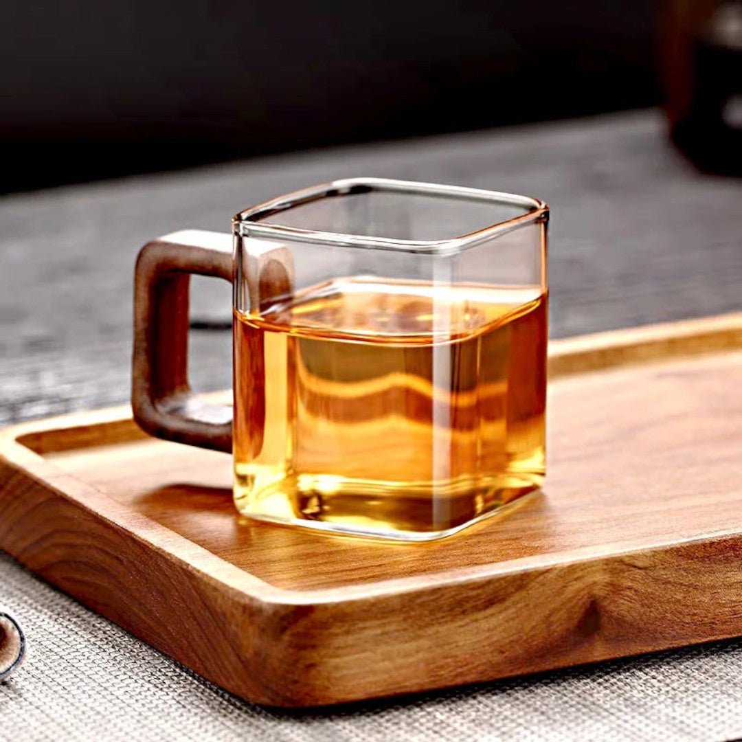 AurumSquare Elegant Glass Mug with Walnut Handle for Modern Tea & Coffee Moments - All Around Casa