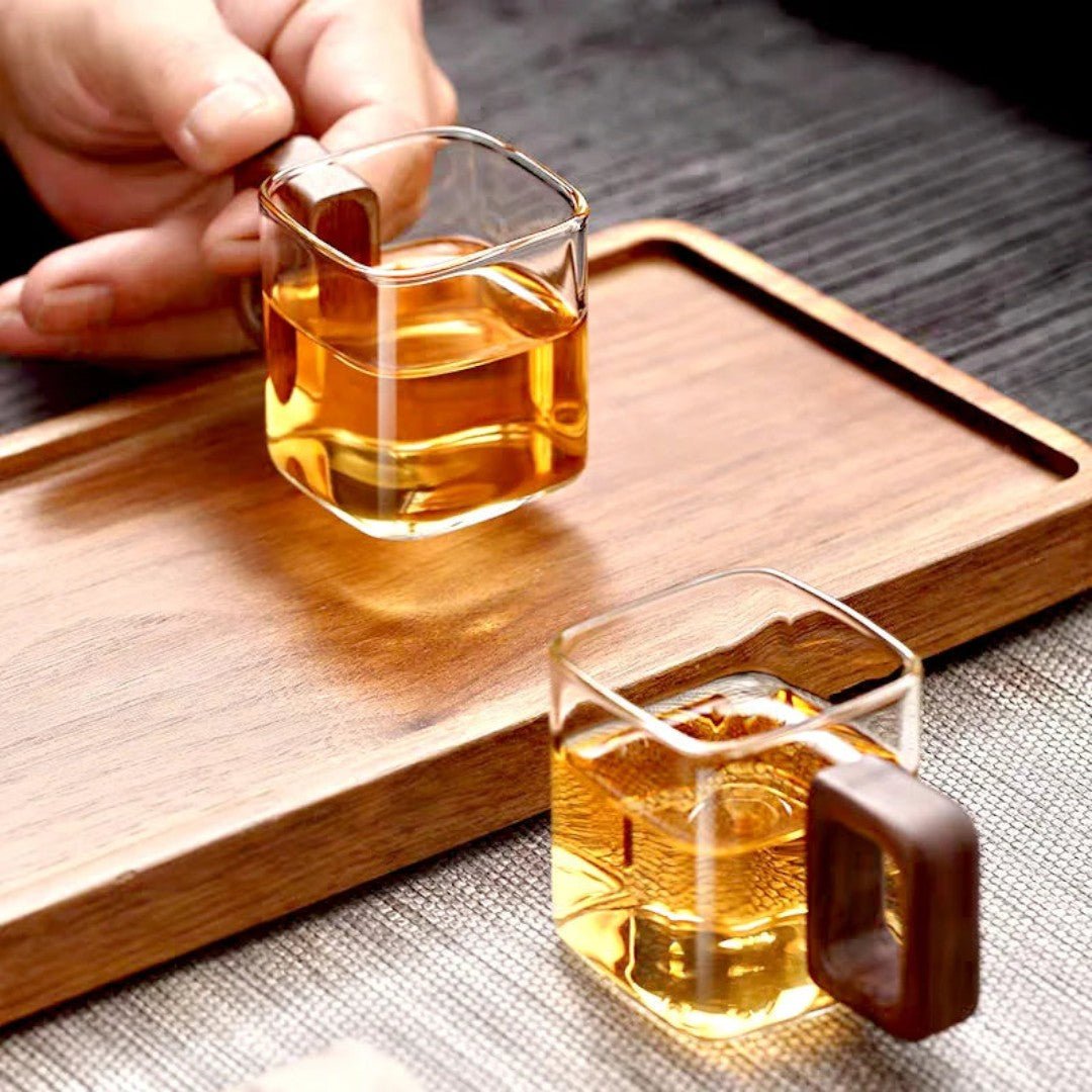 AurumSquare Elegant Glass Mug with Walnut Handle for Modern Tea & Coffee Moments - All Around Casa