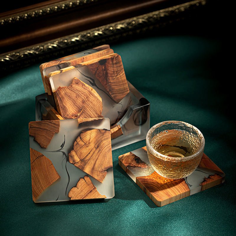 Avery Resin Coaster Set with Pine Storage Box – Elegant Protection for Modern Tables - All Around Casa