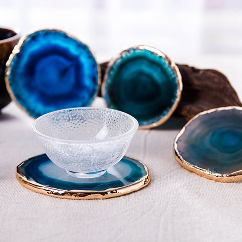 AzureGleam Elegant Agate Coaster Set with Gold - Trimmed Artistry - All Around Casa