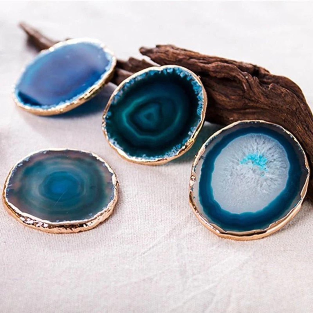 AzureGleam Elegant Agate Coaster Set with Gold - Trimmed Artistry - All Around Casa