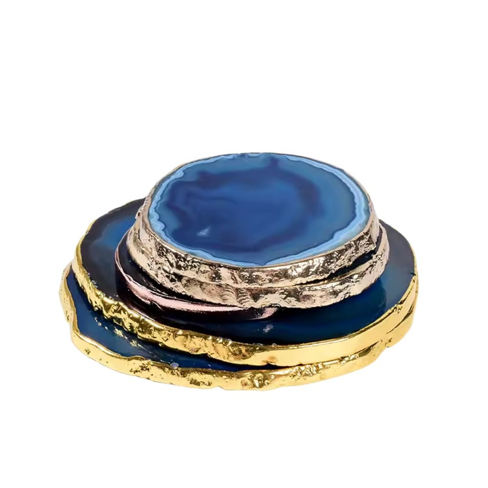 AzureGleam Elegant Agate Coaster Set with Gold - Trimmed Artistry - All Around Casa