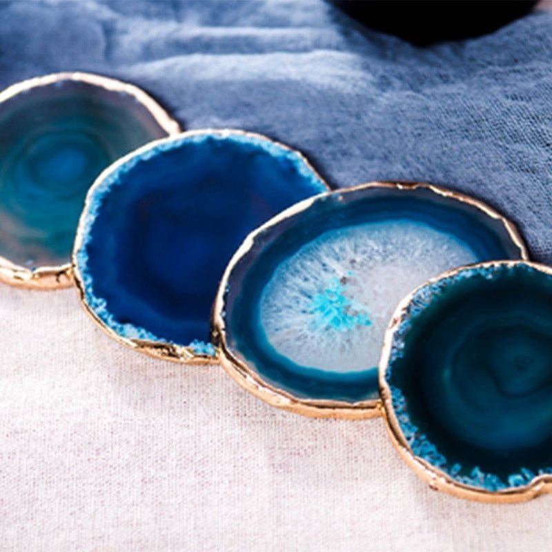 AzureGleam Elegant Agate Coaster Set with Gold - Trimmed Artistry - All Around Casa
