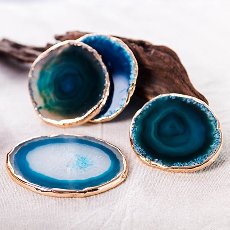 AzureGleam Elegant Agate Coaster Set with Gold - Trimmed Artistry - All Around Casa
