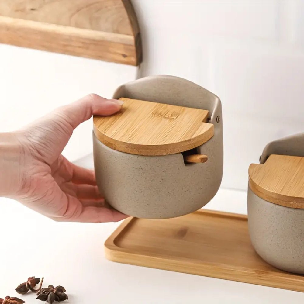 BambooAura Elegant Ceramic Spice Jar Set with Natural Wooden Tray for a Refined Kitchen Look - All Around Casa