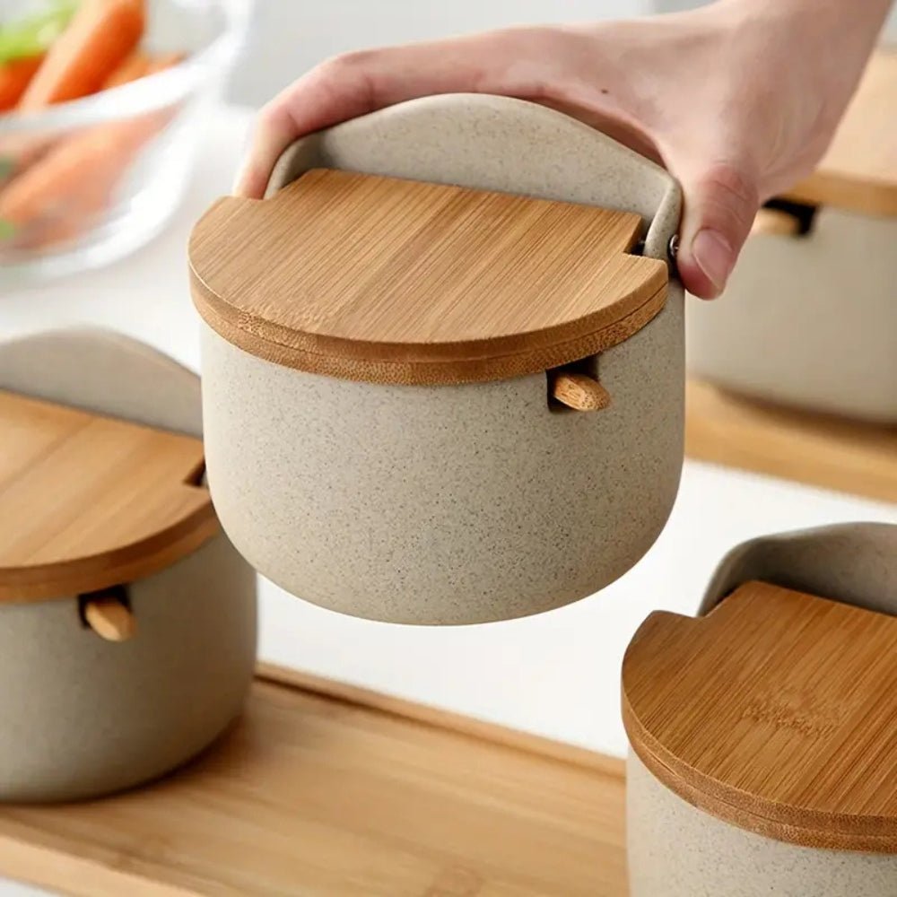 BambooAura Elegant Ceramic Spice Jar Set with Natural Wooden Tray for a Refined Kitchen Look - All Around Casa
