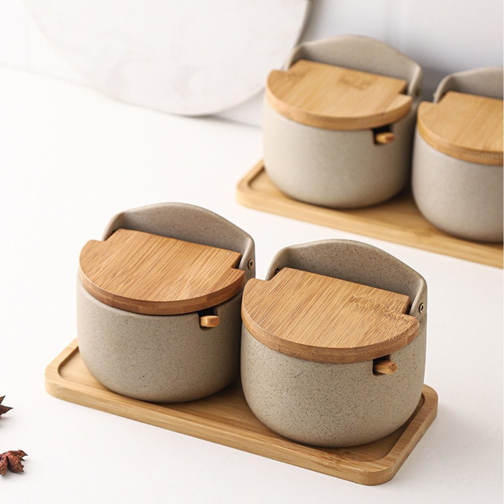 BambooAura Elegant Ceramic Spice Jar Set with Natural Wooden Tray for a Refined Kitchen Look - All Around Casa