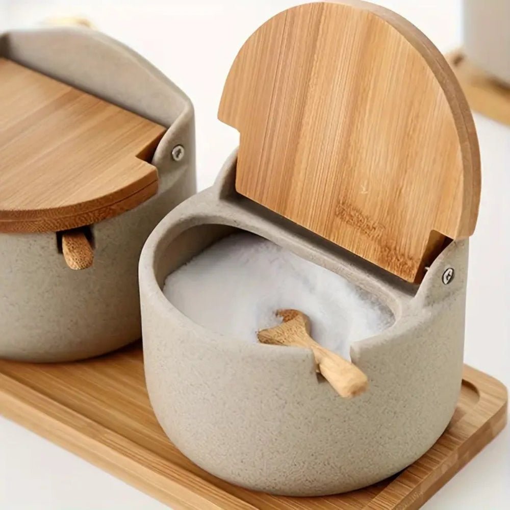 BambooAura Elegant Ceramic Spice Jar Set with Natural Wooden Tray for a Refined Kitchen Look - All Around Casa