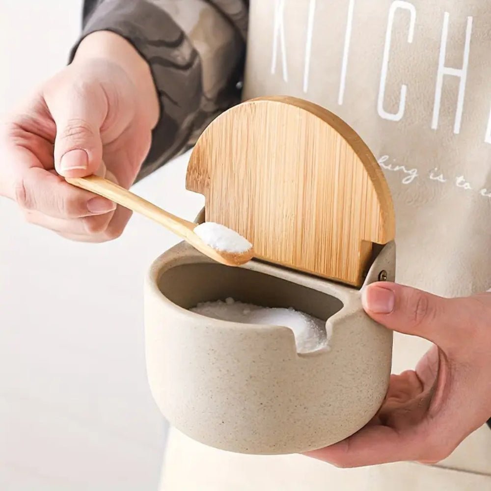 BambooAura Elegant Ceramic Spice Jar Set with Natural Wooden Tray for a Refined Kitchen Look - All Around Casa