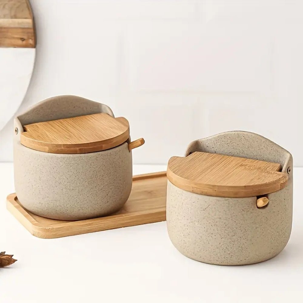 BambooAura Elegant Ceramic Spice Jar Set with Natural Wooden Tray for a Refined Kitchen Look - All Around Casa