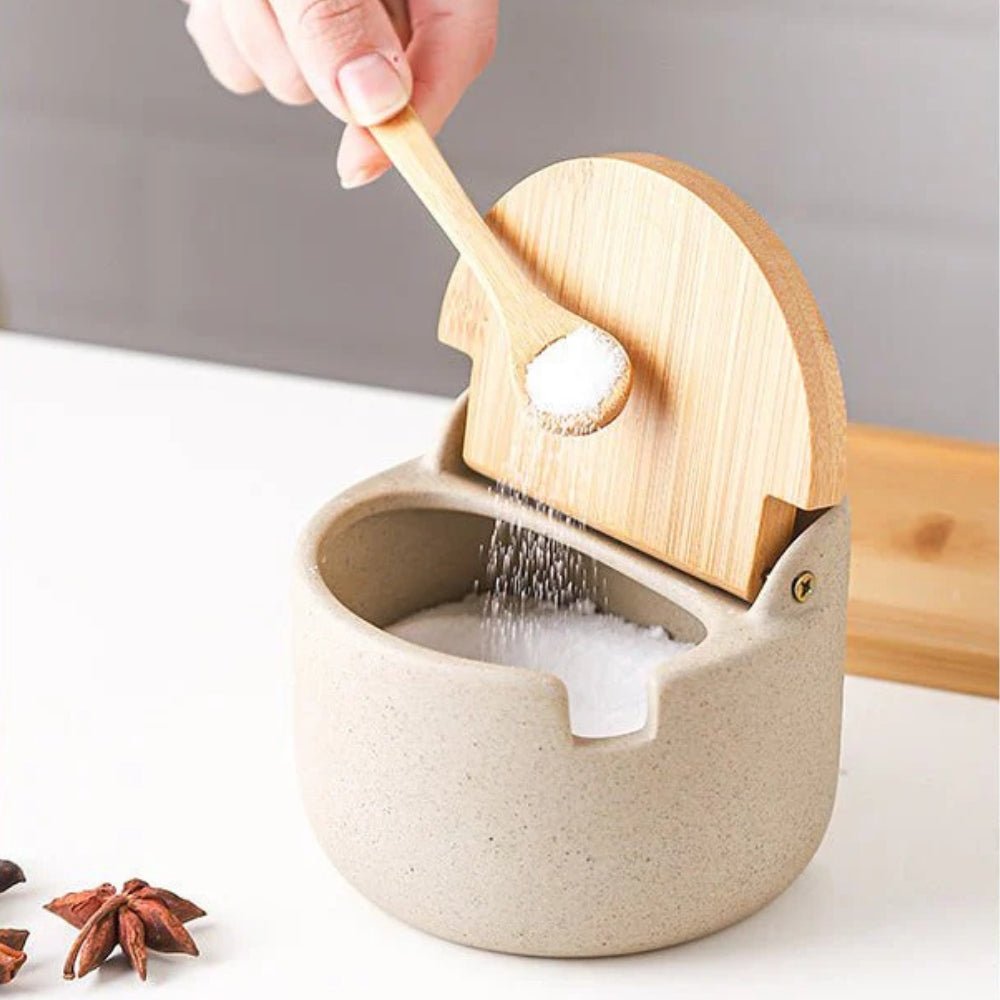 BambooAura Elegant Ceramic Spice Jar Set with Natural Wooden Tray for a Refined Kitchen Look - All Around Casa