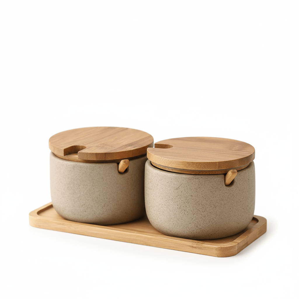 BambooAura Elegant Ceramic Spice Jar Set with Natural Wooden Tray for a Refined Kitchen Look - All Around Casa