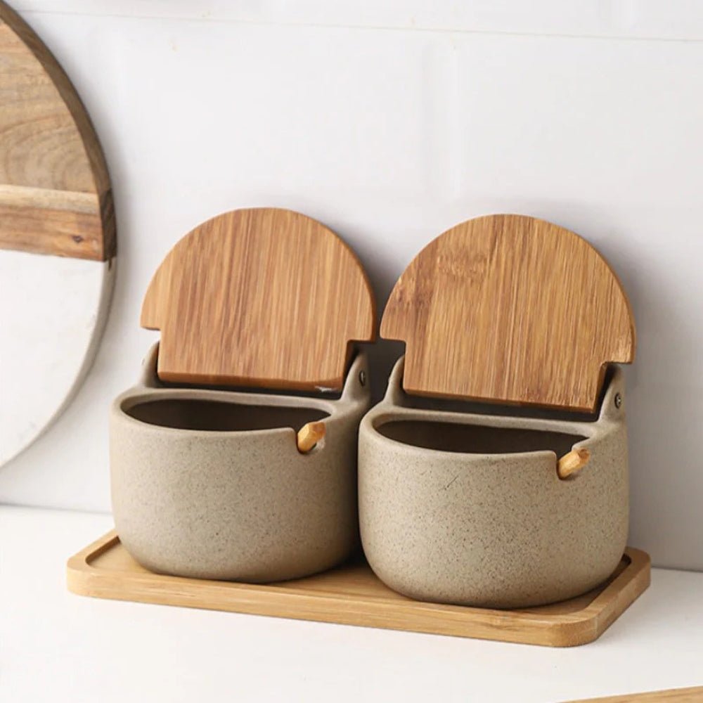 BambooAura Elegant Ceramic Spice Jar Set with Natural Wooden Tray for a Refined Kitchen Look - All Around Casa