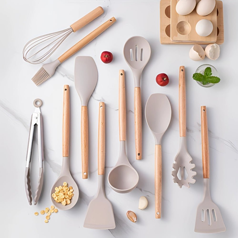BambooVerve Elegant Silicone Kitchen Utensil Set – 12 - Piece Collection for Stylish, Scratch - Safe Cooking - All Around Casa