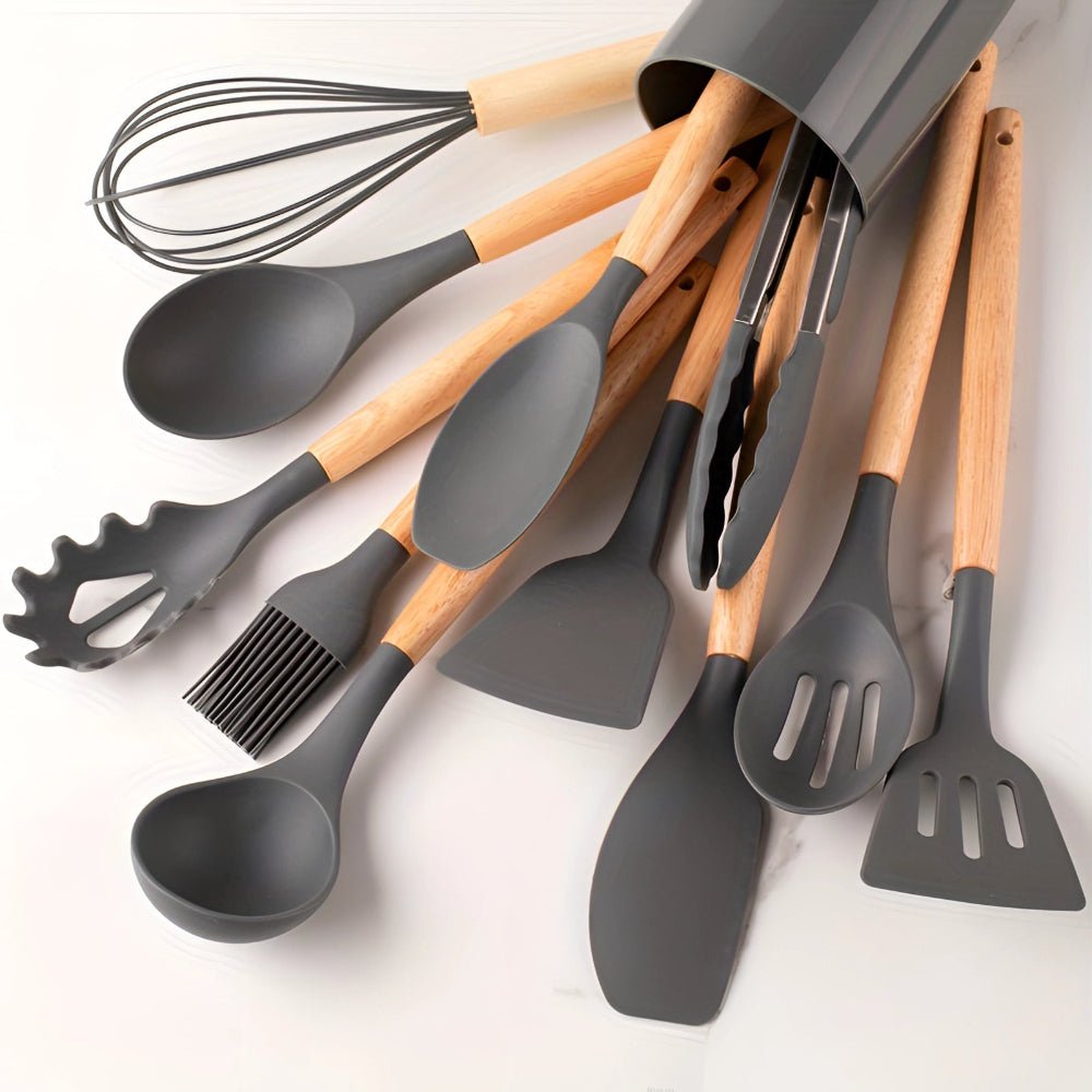 BambooVerve Elegant Silicone Kitchen Utensil Set – 12 - Piece Collection for Stylish, Scratch - Safe Cooking - All Around Casa