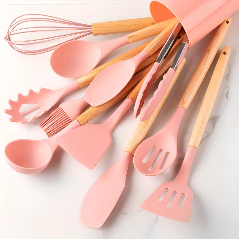 BambooVerve Elegant Silicone Kitchen Utensil Set – 12 - Piece Collection for Stylish, Scratch - Safe Cooking - All Around Casa